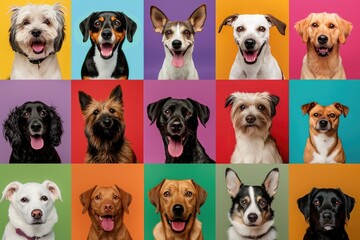 Naklejka premium A collage featuring various breeds of dogs set against different colored backgrounds