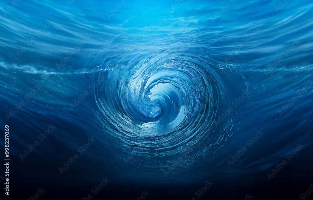Poster an underwater shot of a large wave breaking and curling, creating a swirling vortex of blue water.