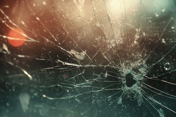 A close-up shot of a broken glass window with a red light shining through it