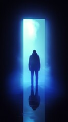 Obraz premium A mysterious figure stands at a glowing doorway, surrounded by ethereal light and mist, evoking intrigue and suspense.