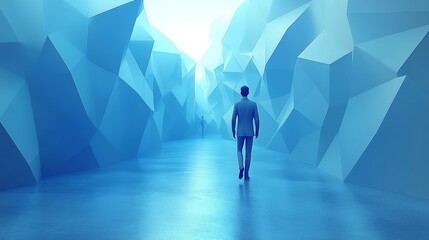 Fototapeta premium A person walking through a surreal blue geometric landscape, evoking feelings of exploration and tranquility.