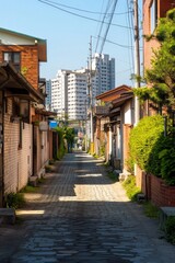 Fototapeta premium Charming narrow alleyway lined with traditional homes and modern skyline in the background