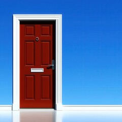 A bold red door stands against a clear blue sky in a minimalist setting