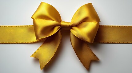 Fototapeta premium Yellow bow for gift wrapping, flat lay on white background. Festive ribbon bow, isolated and elegantly placed. Perfect for holiday presents, special occasions, or decorative crafts