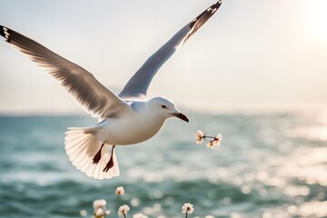 A seagull with small seashell-shaped flowers on its back flying against a bright ocean bokeh background, AI Generated