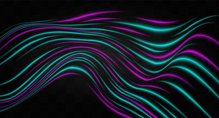 Curved blue neon light effect isolated on dark background. Flowing, wavy glowing lines with abstract design. Graphical patch of reflected light. Lens flare. Vector illustration.
