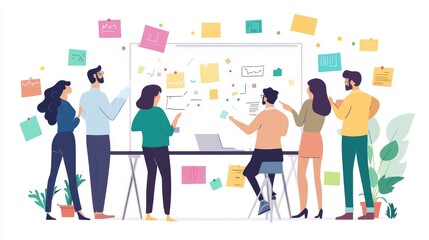 A group of creative professionals brainstorming ideas on a whiteboard, surrounded by colorful sticky notes and diagrams, capturing the essence of collaborative thinking.