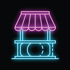 Glowing neon sign representing a street food stall with awning, for restaurant, snack bar or takeaway advertisement