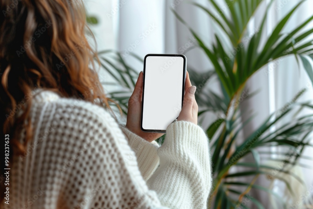 Poster a person holding a smartphone with a blank or locked screen, suitable for use in technology, innovat