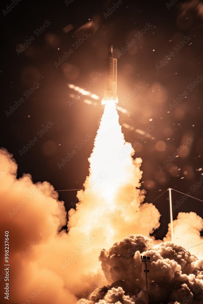 Poster a rocket blasts off into the sky with smoke trailing behind, great for science and technology illust