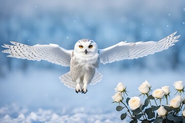A snowy owl with white roses growing from its back flying in front of a frosty blue bokeh background, Ai Generated