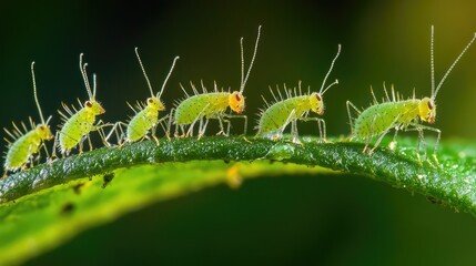 Fototapeta premium A group of tiny aphids gathered on a leaf, creating a fascinating display of insect life as they feed and interact in their micro-world.