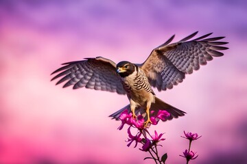 Fototapeta premium A sparrow hawk with bright fuchsia flowers on its back soaring against a purple and pink sunset bokeh background, AI Generated