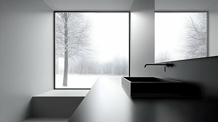 Sleek Minimalist Bathroom with Black Sink and Mirror