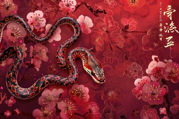A snake relaxes on colorful flowers, perfect for use in wildlife or nature-themed projects