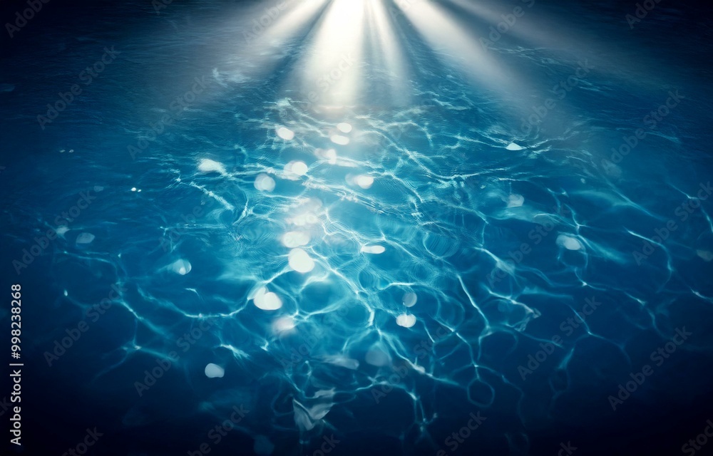 Poster sunlight rays shine through the surface of deep blue water, creating ripples and bokeh.