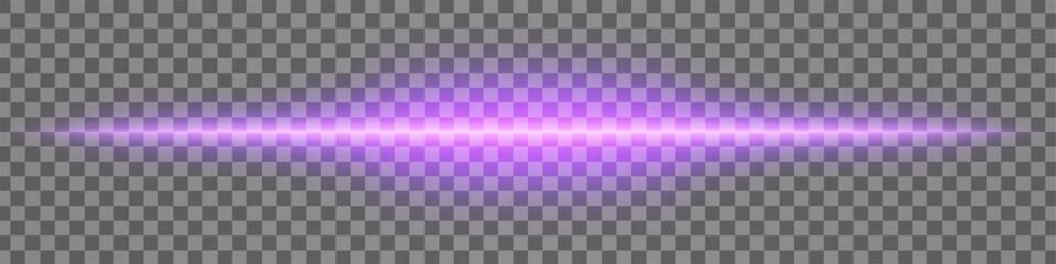 Fototapeta premium Horizontal purple light effect isolated on transparent background. Bright glowing beam with lens flare and soft glow. Graphical patch of reflected light. Abstract rays. Vector illustration.