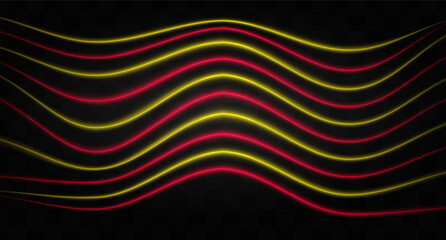 Curved yellow and red neon light effect isolated on dark background. Flowing, wavy glowing lines with abstract design. Graphical patch of reflected light. Lens flare. Vector illustration.