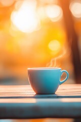 Obraz premium A serene moment with a steaming cup of coffee against a warm sunset backdrop