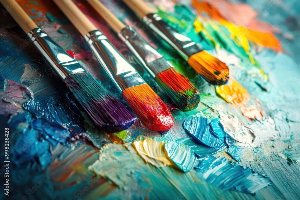 Poster bright splashes of color cover a palette while brushes rest beside a canvas, capturing the essence o