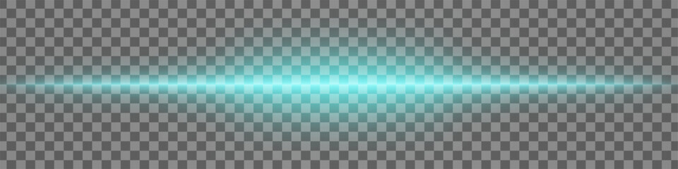 Horizontal blue light effect isolated on transparent background. Bright glowing beam with lens flare and soft glow. Graphical patch of reflected light. Abstract rays. Vector illustration.