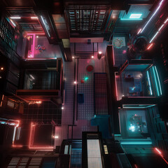 Obraz premium Advanced Cyberpunk Battle Map for Sci-Fi DnD, Top-Down RPG Map with Futuristic Urban Setting, Virtual Tabletop Asset for High-Tech Environments and Neon Cityscapes, Ideal for Cyberpunk Campaigns