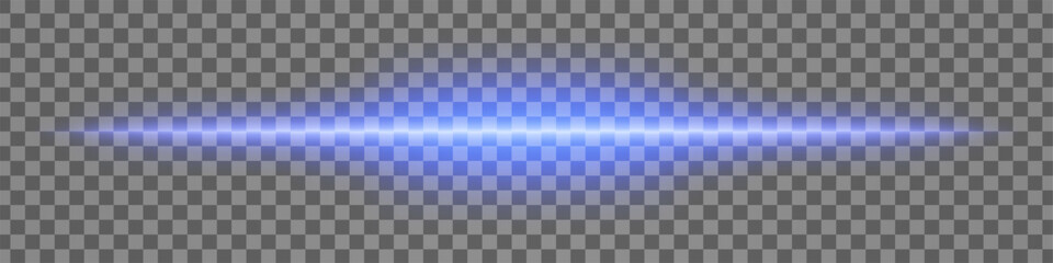 Horizontal blue light effect isolated on transparent background. Bright glowing beam with lens flare and soft glow. Graphical patch of reflected light. Abstract rays. Vector illustration.