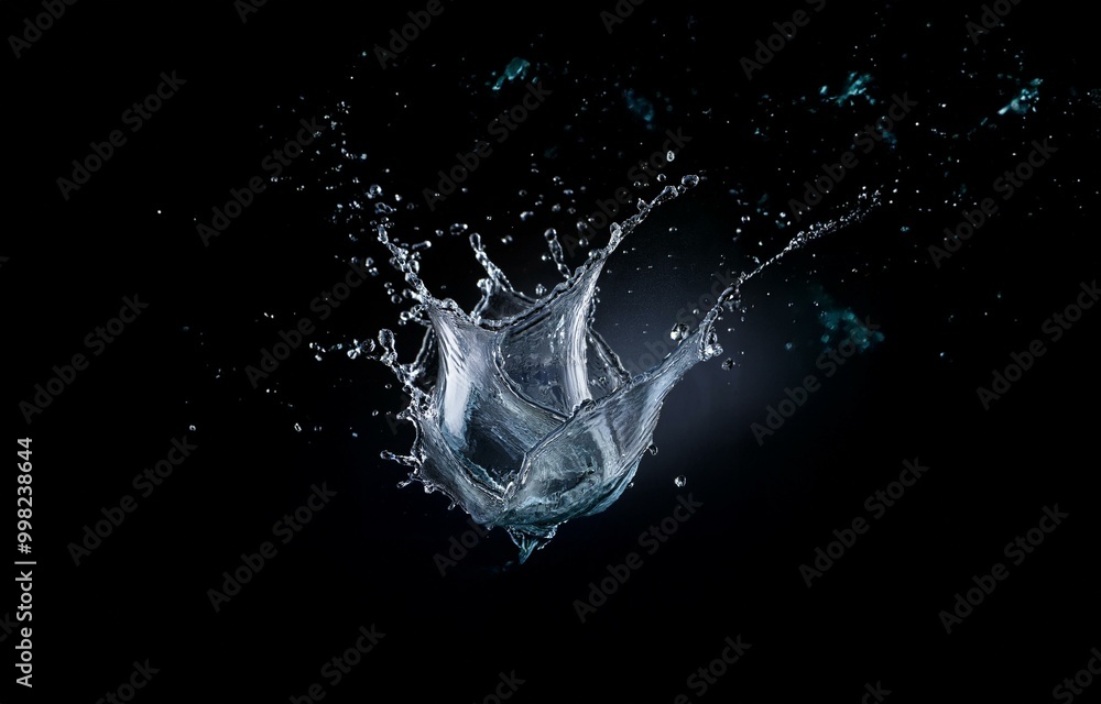 Poster a water splash frozen in time, creating a complex, abstract shape against a dark background.