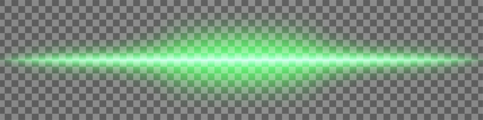 Horizontal green light effect isolated on transparent background. Bright glowing beam with lens flare and soft glow. Graphical patch of reflected light. Abstract rays. Vector illustration.