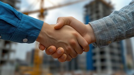 Two contractors shake hands at a construction site, marking the completion of a deal or agreement, with cranes and high-rise buildings in the background.