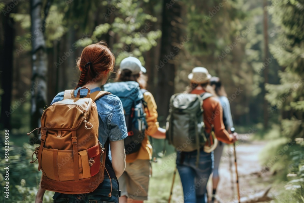 Poster group of people strolling through forest along winding path