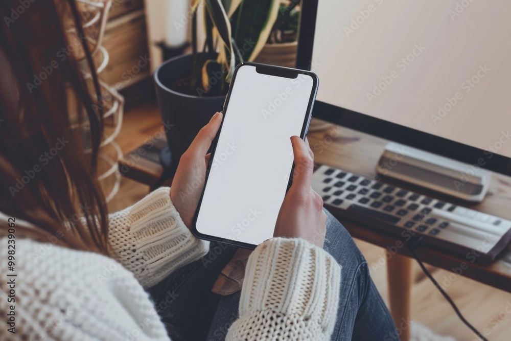 Poster a woman sitting in front of a computer with her phone held up, possibly checking something
