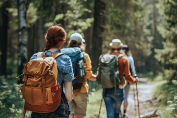 Group of people strolling through forest along winding path