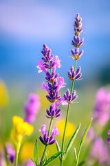 Obraz premium Vibrant lavender blossoms stand tall amidst a colorful meadow in early summer light