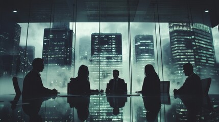 Mysterious Conference in a High-Rise: Silhouetted Figures Against a Foggy Urban Skyline Creating a Tense Corporate Atmosphere