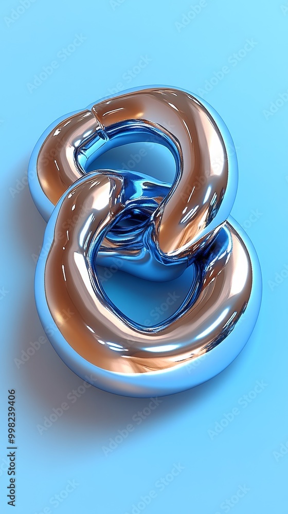 Poster a shiny metallic abstract sculpture with intertwined loops, creating a modern aesthetic on a soft bl