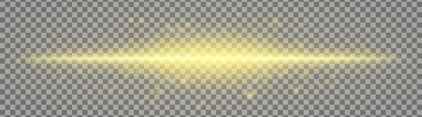 Horizontal yellow light effect isolated on transparent background. Bright glowing beam with sparkles and lens flare. Graphical patch of reflected light. Abstract rays. Vector illustration.