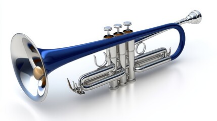 Obraz premium A shiny silver and blue trumpet showcasing its elegant design, perfect for music, band or instrument-related themes.
