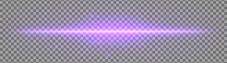 Horizontal purple light effect isolated on transparent background. Bright glowing beam with lens flare and soft glow. Graphical patch of reflected light. Abstract rays. Vector illustration.