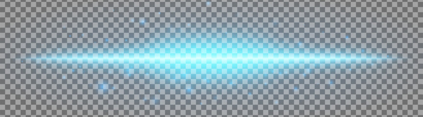 Horizontal blue light effect isolated on transparent background. Bright glowing beam with sparkles and lens flare. Graphical patch of reflected light. Abstract rays. Vector illustration.