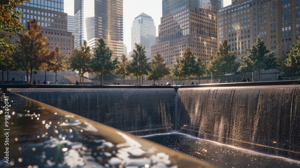 Poster urban waterfall surrounded by tall buildings, ideal for architecture and urban development concepts
