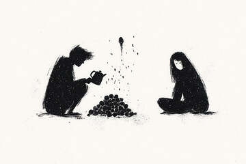 Minimalist Black and White Silhouette Art of Two People