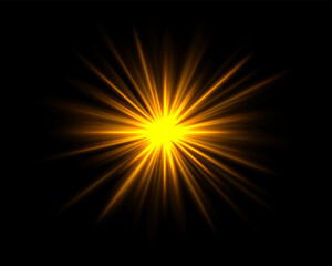 Abstract yellow star explosion. Glowing starburst effect isolated on dark background. Radiant beams with bright glowing center. Graphical patch of reflected light. Lens flare. Vector illustration.