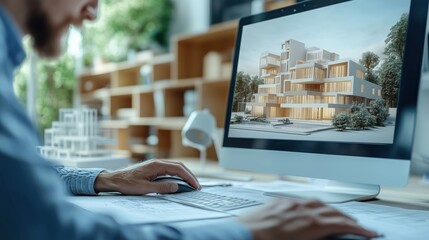 Architect designing modern building on computer. Architect works on a computer, designing a modern building using 3D software, with detailed architectural models and plans on the screen.