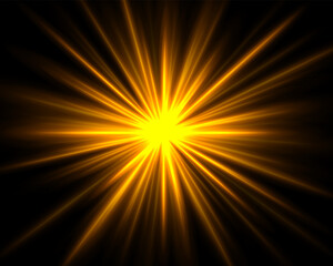 Obraz premium Abstract yellow star explosion. Glowing starburst effect isolated on dark background. Radiant beams with bright glowing center. Graphical patch of reflected light. Lens flare. Vector illustration.