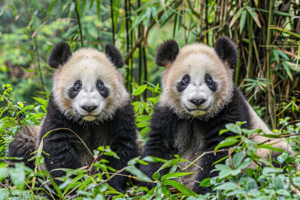 Poster two panda bears sitting on a tree branch in a lush green forest