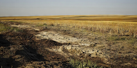 Ravaged Landscape: Desolate fields, scarred earth, displaced wildlife.
