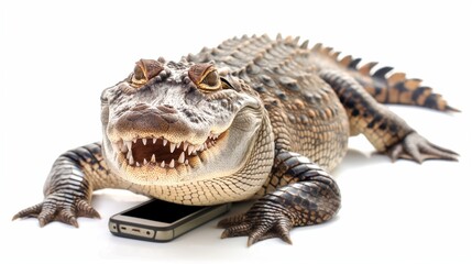 Naklejka premium Happy Crocodile with Smartphone