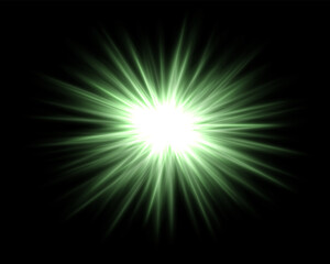 Abstract green star explosion. Glowing starburst effect isolated on dark background. Radiant beams with bright glowing center. Graphical patch of reflected light. Lens flare. Vector illustration.