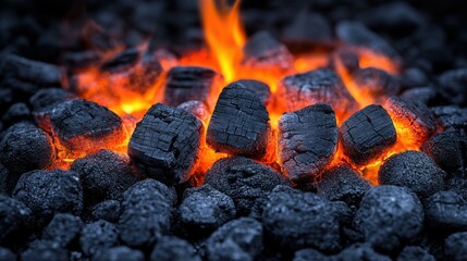 A pile of charcoal with a fire burning in the middle. The fire is orange and the charcoal is black